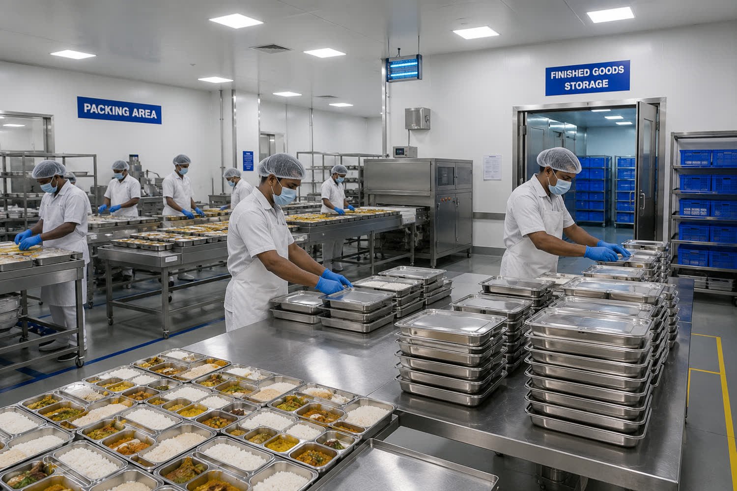 Steam-jacketed bulk cooking hall